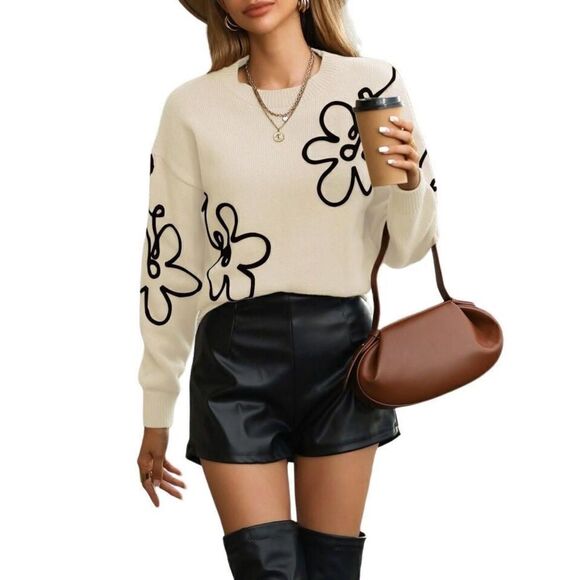 Floral Doodle Drop Shoulder Sweater Medium - Picture 3 of 5